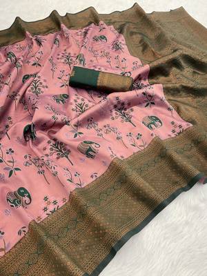 Pink Banarasi silk blend copper zari weaving woven elephent design saree with unstitched blouse 1
