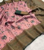Pink Banarasi silk blend copper zari weaving woven elephent design saree with unstitched blouse
