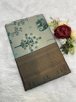 Seagreen Banarasi silk blend copper zari weaving woven elephent design saree with unstitched blouse 2