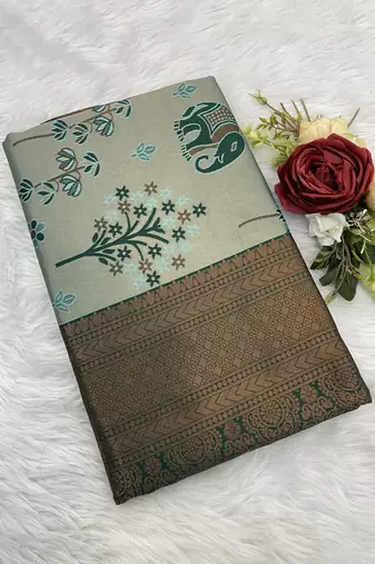 Seagreen Banarasi silk blend copper zari weaving woven elephent design saree with unstitched blouse