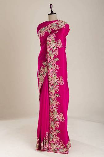 Magenta soft jimmy choo with multi thread embroidery coding sequence work saree with unstitched blouse