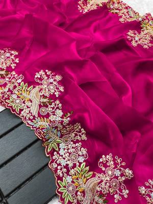 Magenta soft jimmy choo with multi thread embroidery coding sequin work saree with unstitched blouse 3