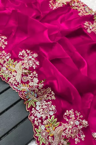 Magenta soft jimmy choo with multi thread embroidery coding sequin work saree with unstitched blouse