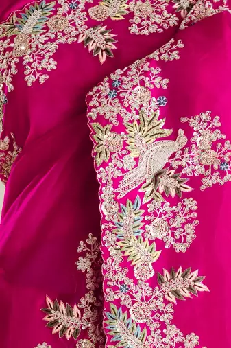 Magenta soft jimmy choo with multi thread embroidery coding sequin work saree with unstitched blouse