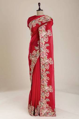 Red soft jimmy choo with multi thread embroidery coding sequence work saree with unstitched blouse