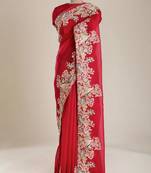 Red soft jimmy choo with multi thread embroidery coding sequence work saree with unstitched blouse
