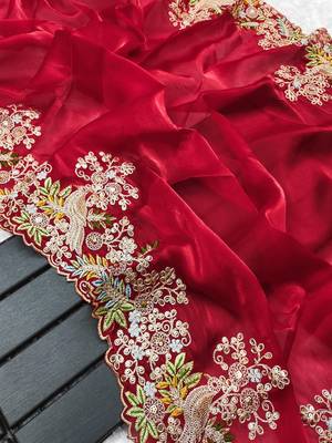 Red soft jimmy choo with multi thread embroidery coding sequin work saree with unstitched blouse 3