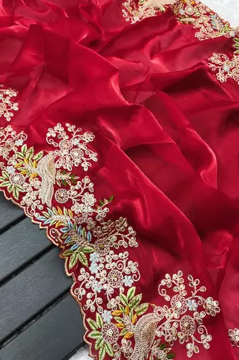 Red soft jimmy choo with multi thread embroidery coding sequin work saree with unstitched blouse