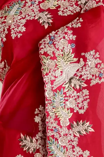 Red soft jimmy choo with multi thread embroidery coding sequin work saree with unstitched blouse