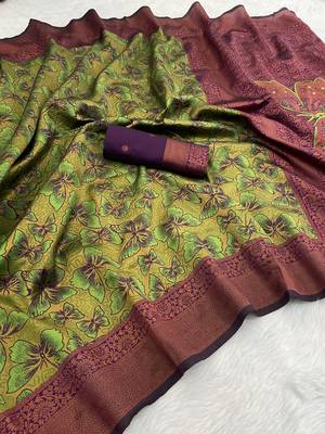 Green Banarasi silk blend copper zari weaving woven butterfly design saree with unstitched blouse 1