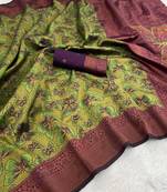Green Banarasi silk blend copper zari weaving woven butterfly design saree with unstitched blouse