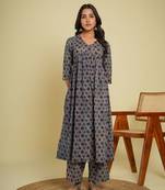Indigo cotton block printed kurta set