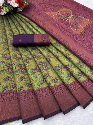 Green Banarasi silk blend copper zari weaving woven butterfly design saree with unstitched blouse 2