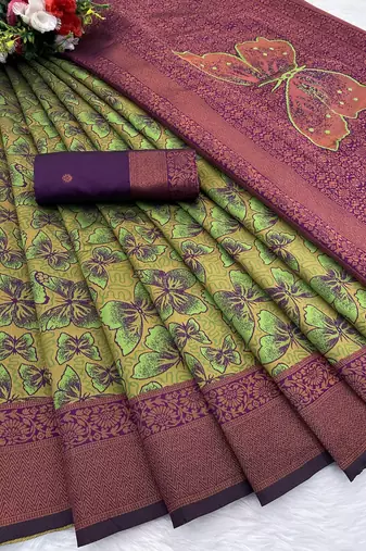 Green Banarasi silk blend copper zari weaving woven butterfly design saree with unstitched blouse