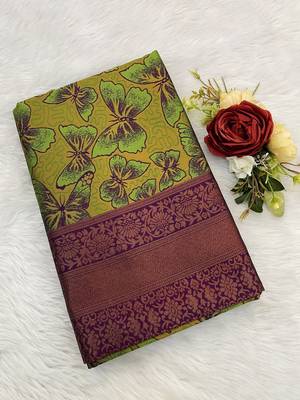 Green Banarasi silk blend copper zari weaving woven butterfly design saree with unstitched blouse 3