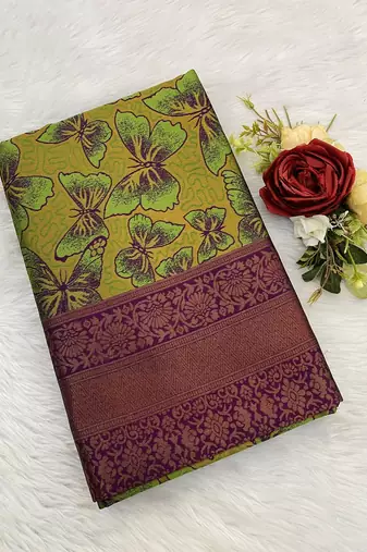 Green Banarasi silk blend copper zari weaving woven butterfly design saree with unstitched blouse