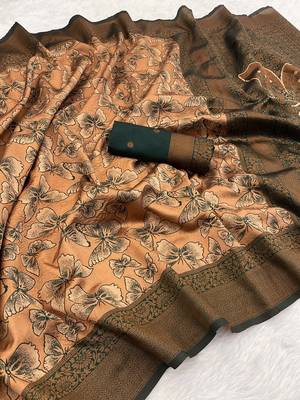 Peach Banarasi silk blend copper zari weaving woven butterfly design saree with unstitched blouse 1