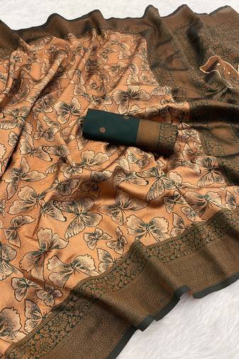 Peach Banarasi silk blend copper zari weaving woven butterfly design saree with unstitched blouse