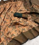 Peach Banarasi silk blend copper zari weaving woven butterfly design saree with unstitched blouse