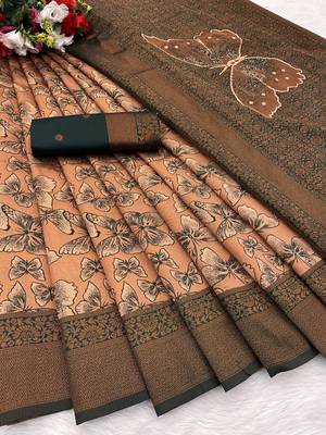 Peach Banarasi silk blend copper zari weaving woven butterfly design saree with unstitched blouse 2