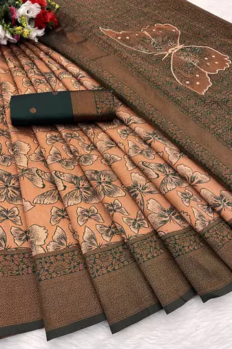 Peach Banarasi silk blend copper zari weaving woven butterfly design saree with unstitched blouse
