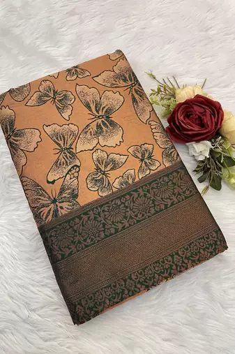 Peach Banarasi silk blend copper zari weaving woven butterfly design saree with unstitched blouse