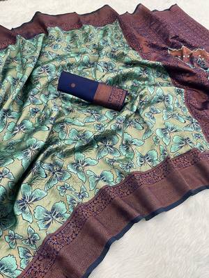 Seagreen Banarasi silk blend copper zari weaving woven butterfly design saree with unstitched blouse 1