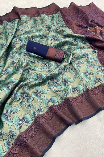 Seagreen Banarasi silk blend copper zari weaving woven butterfly design saree with unstitched blouse