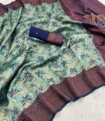 Seagreen Banarasi silk blend copper zari weaving woven butterfly design saree with unstitched blouse