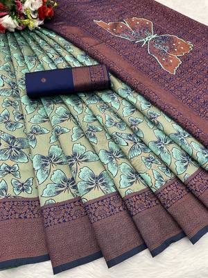 Seagreen Banarasi silk blend copper zari weaving woven butterfly design saree with unstitched blouse 2