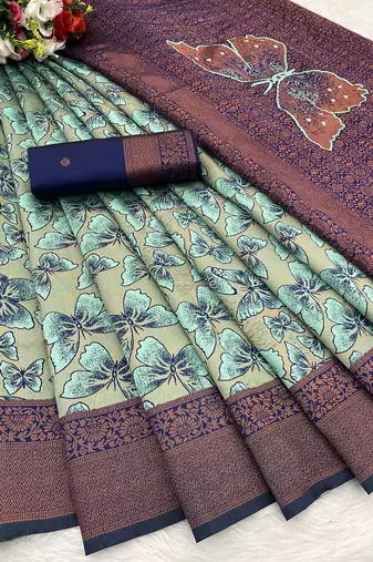 Seagreen Banarasi silk blend copper zari weaving woven butterfly design saree with unstitched blouse