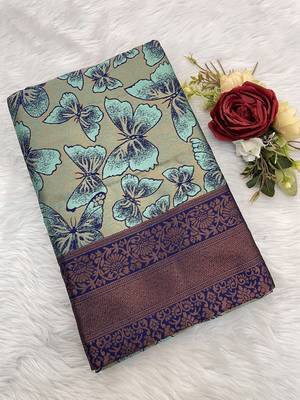 Seagreen Banarasi silk blend copper zari weaving woven butterfly design saree with unstitched blouse 3