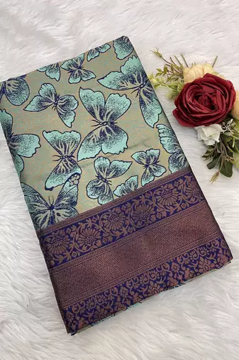 Seagreen Banarasi silk blend copper zari weaving woven butterfly design saree with unstitched blouse