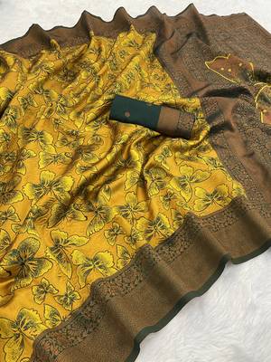 Yellow Banarasi silk blend copper zari weaving woven butterfly design saree with unstitched blouse 1