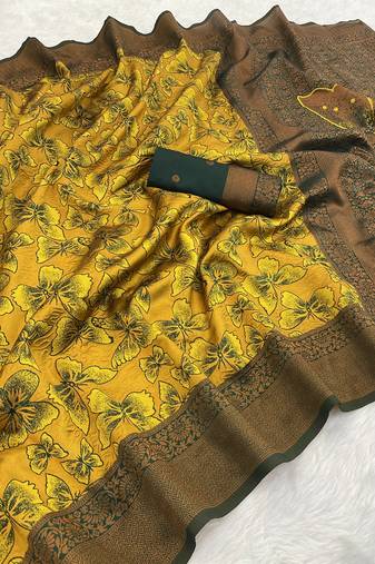 Yellow Banarasi silk blend copper zari weaving woven butterfly design saree with unstitched blouse
