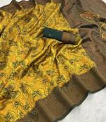 Yellow Banarasi silk blend copper zari weaving woven butterfly design saree with unstitched blouse