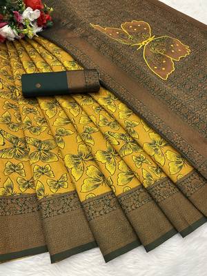 Yellow Banarasi silk blend copper zari weaving woven butterfly design saree with unstitched blouse 2