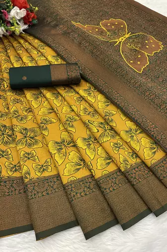 Yellow Banarasi silk blend copper zari weaving woven butterfly design saree with unstitched blouse