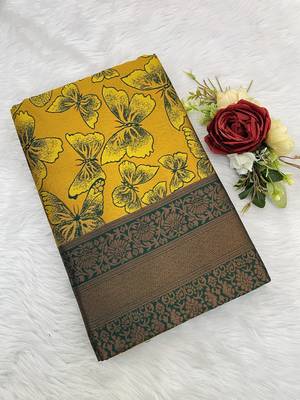 Yellow Banarasi silk blend copper zari weaving woven butterfly design saree with unstitched blouse 3