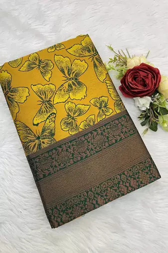 Yellow Banarasi silk blend copper zari weaving woven butterfly design saree with unstitched blouse