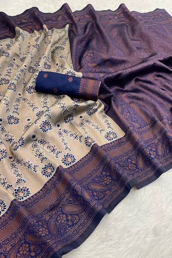 Cream Banarasi silk blend copper zari weaving woven leaf design saree with unstitched blouse