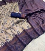 Cream Banarasi silk blend copper zari weaving woven leaf design saree with unstitched blouse