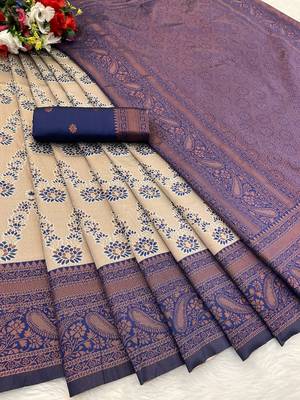 Cream Banarasi silk blend copper zari weaving woven leaf design saree with unstitched blouse 2