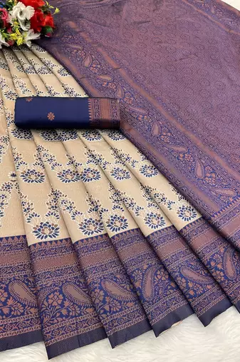 Cream Banarasi silk blend copper zari weaving woven leaf design saree with unstitched blouse