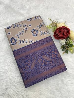 Cream Banarasi silk blend copper zari weaving woven leaf design saree with unstitched blouse 3
