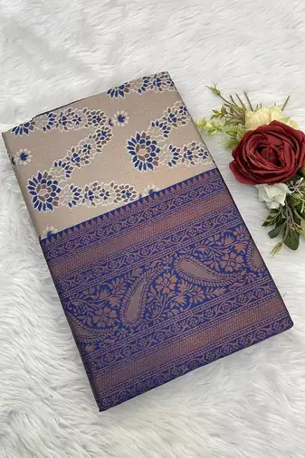 Cream Banarasi silk blend copper zari weaving woven leaf design saree with unstitched blouse