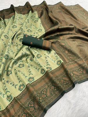 Green Banarasi silk blend copper zari weaving woven leaf design saree with unstitched blouse 1