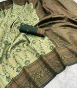Green Banarasi silk blend copper zari weaving woven leaf design saree with unstitched blouse