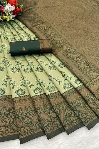 Green Banarasi silk blend copper zari weaving woven leaf design saree with unstitched blouse