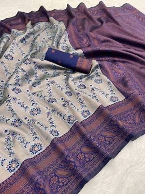 Grey Banarasi silk blend copper zari weaving woven leaf design saree with unstitched blouse 1